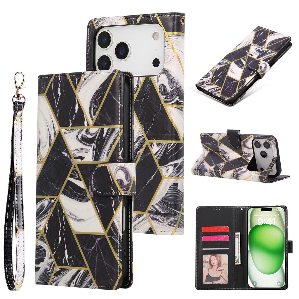 For iPhone 17 Pro Max Case Lacquered Marble Pattern Leather Phone Cover with Wrist Strap