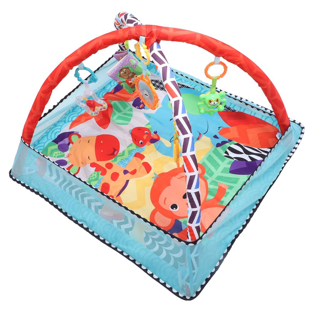 Детский гимнастический коврик с тканевой книгой-погремушкой и зеркалом для развития сенсорных и моторных навыков. Время лежать на животе.