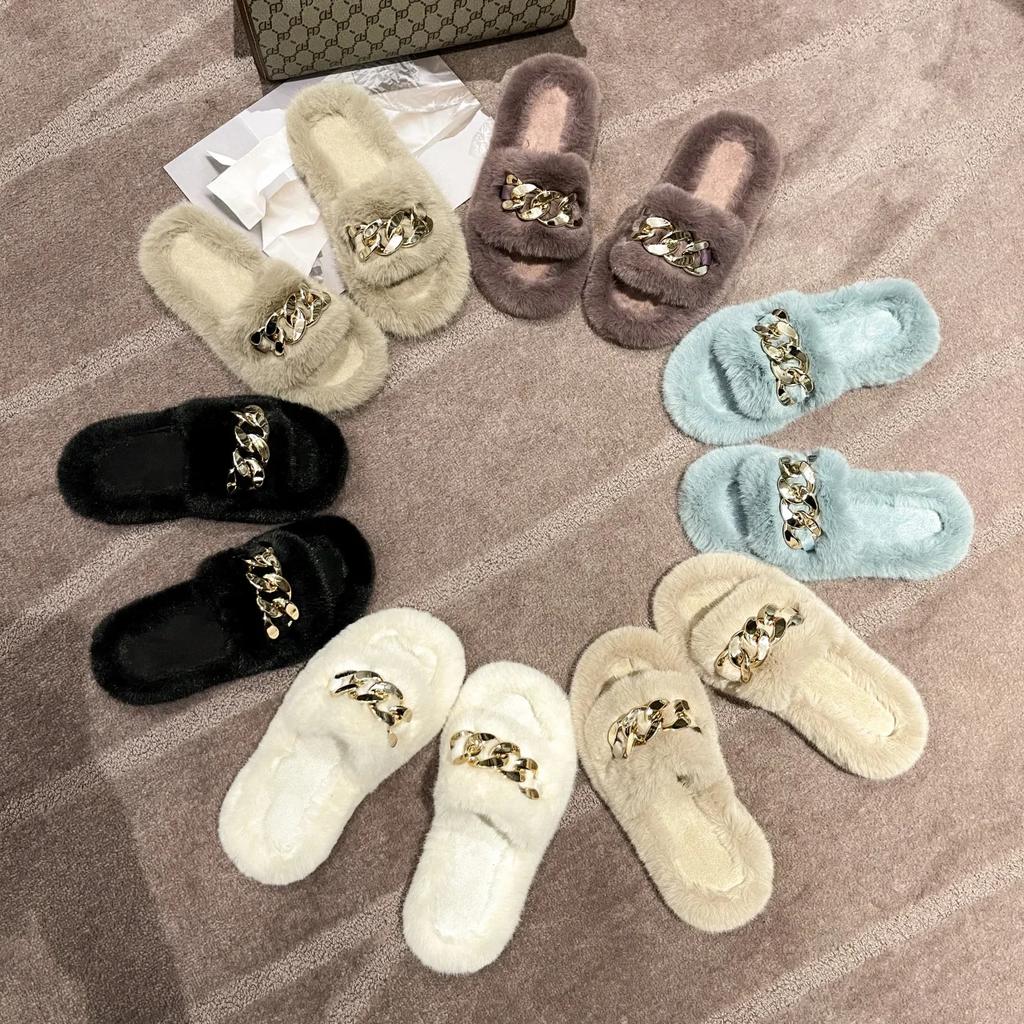 Зимние тапочки женские цепочные толстые подошвы плюшевые тапочки модные женские уличные теплые тапочки на плоском каблуке
