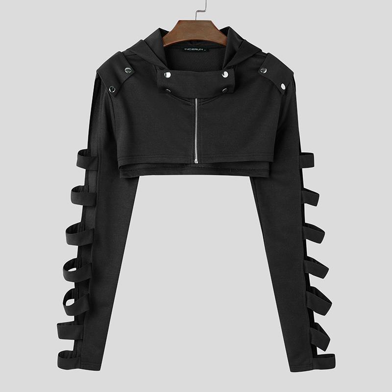 INCERUN Мужские короткие топы с длинным рукавом, однотонные укороченные толстовки с капюшоном