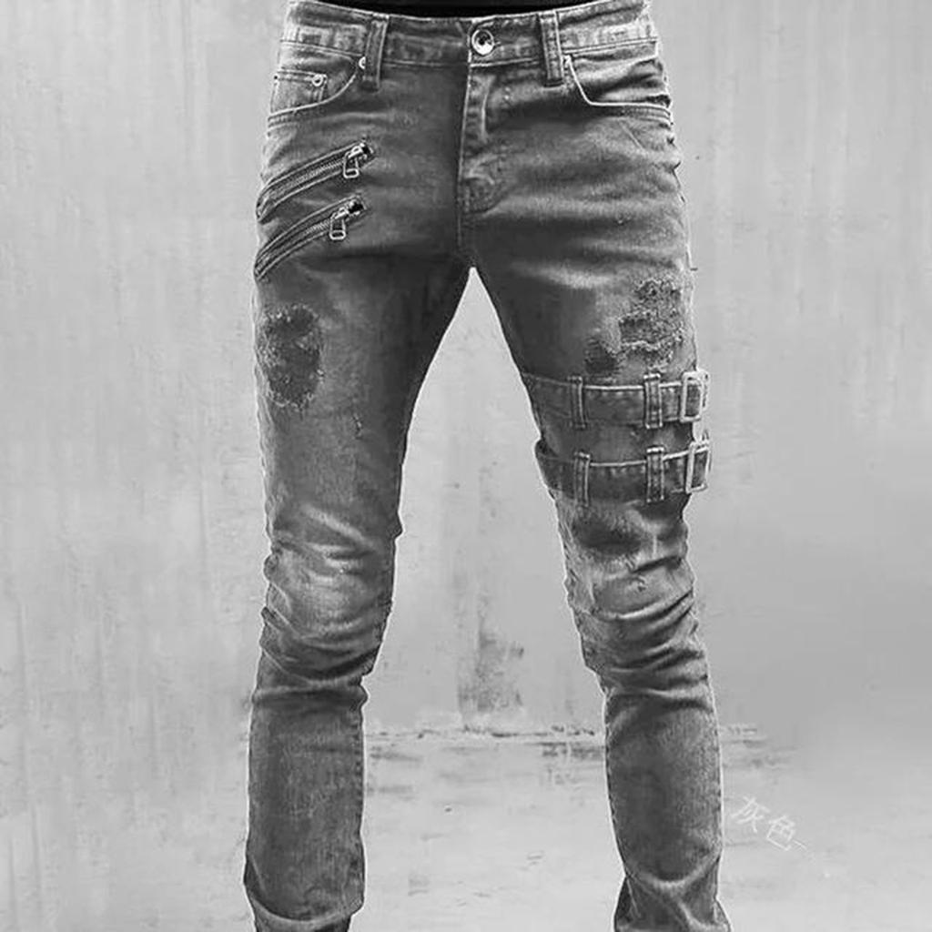 Men Jeans Solid Color Ripped Holes Frayed Gradient Washed Trousers