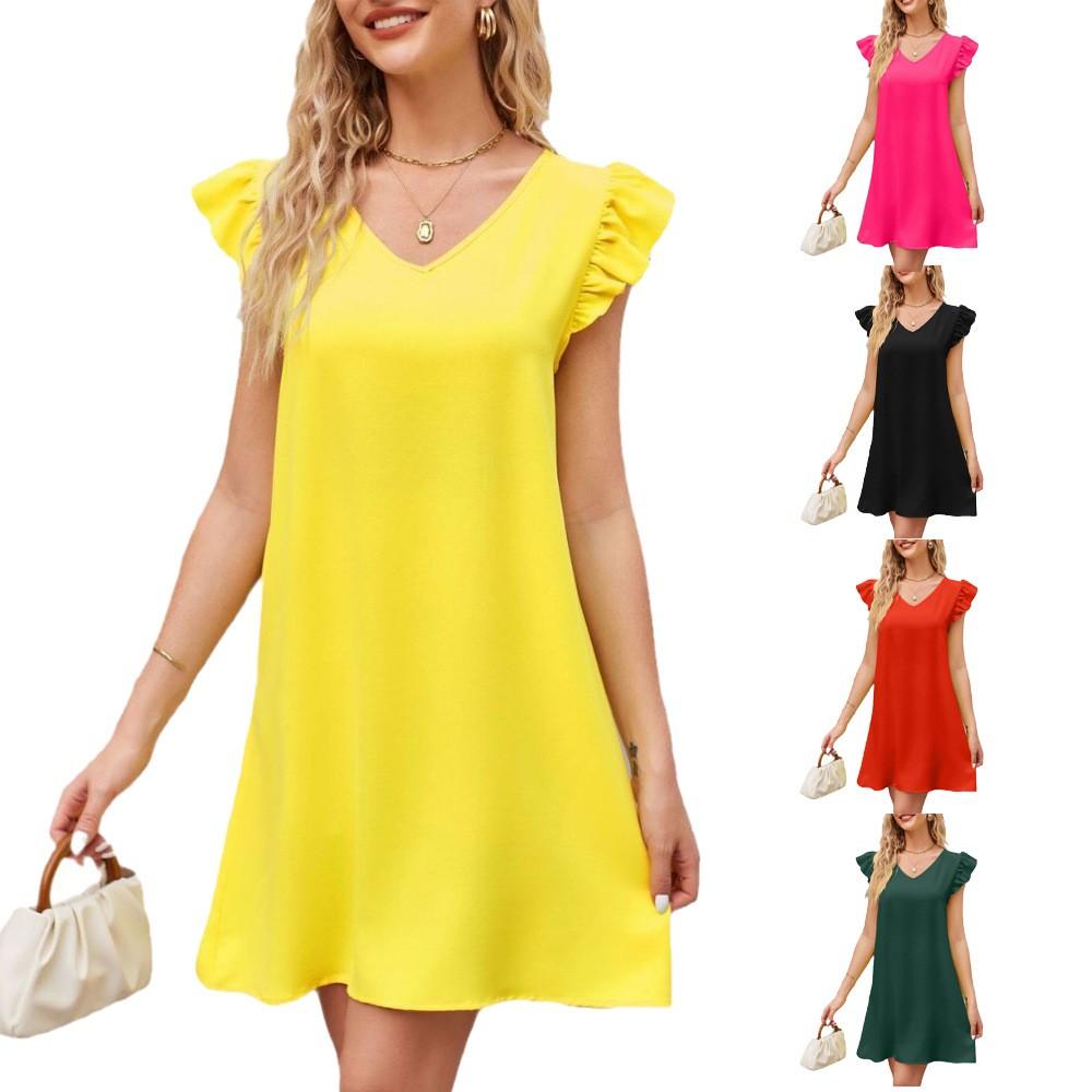 Women's Fashion Solid Colour V-Neck Bubble Sleeve Loose Casual Dresses
