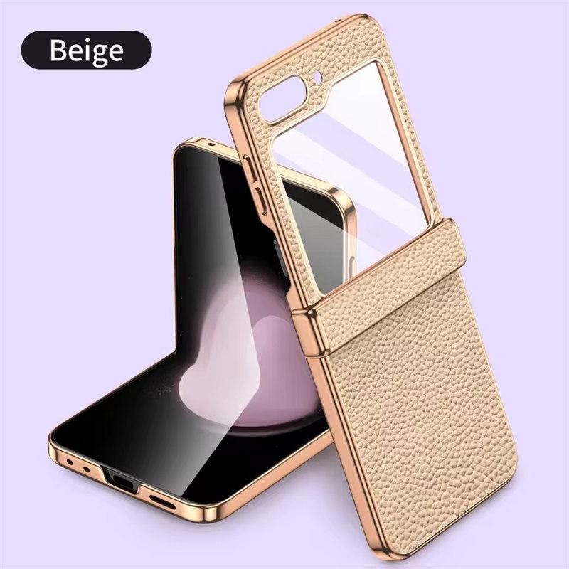Cowhide Leather Phone Case for Samsung Galaxy Z Flip6 Flip5 Flip 6 5 ZFlip5 Luxury Hinge Protection Cover with Tempered Glass