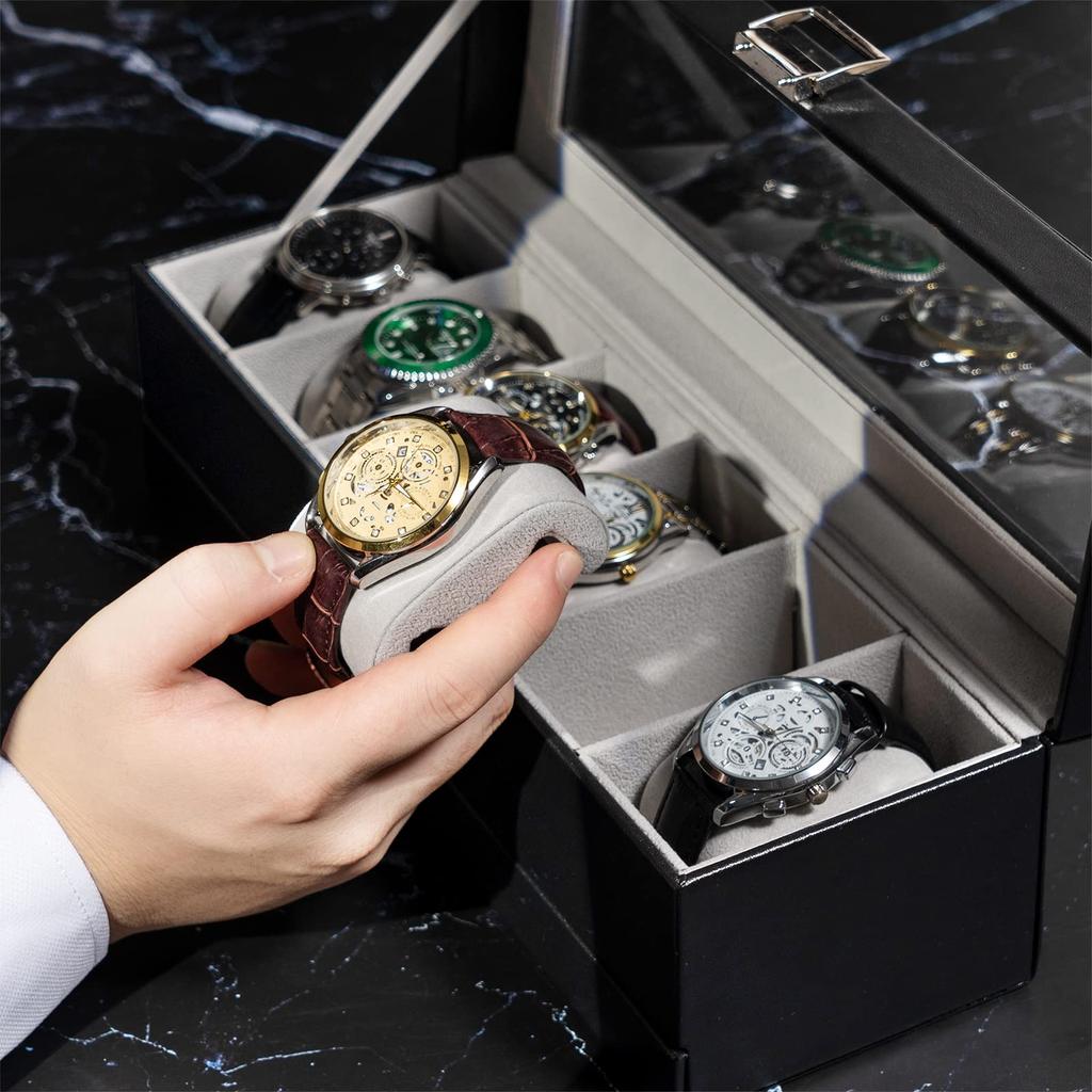 ProCase Футляр для часов с 6 слотами, витрина для часов, футляр для часов со стеклом, 2-уровневый органайзер для хранения ювелирных изделий, мужская коробка, ящик, мужская крышка,