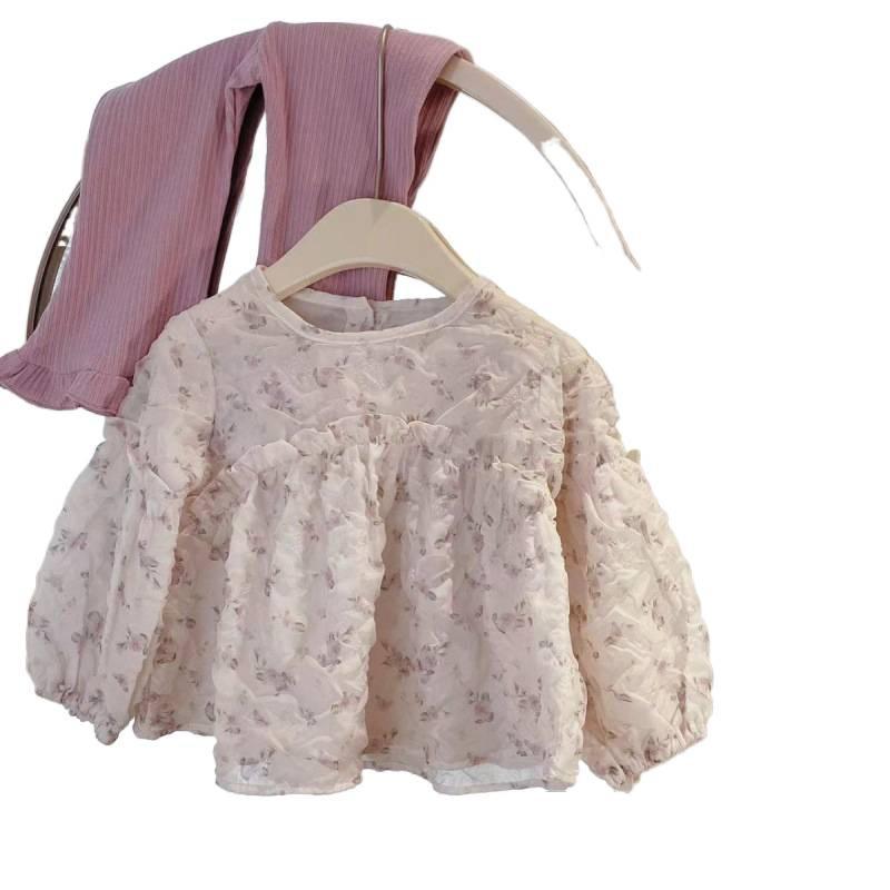 Корейская детская одежда костюм для девочки, в иностранном стиле, осенняя одежда для девочки-младенца, блузка с цветочным принтом и рукавами-фонариками + кружевные брюки, комплект из двух предметов