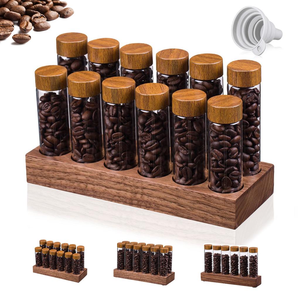 Leeseph Single Dose Coffee Bean Storage Tubes with Walnut Wood Display Stand and Funnel, Dosing Glass Vials with Lids, Best Gift