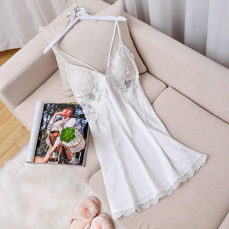 1011 spring and summer solid color pajamas women's thin ice silk sexy nightgown lace backless suspender loungewear