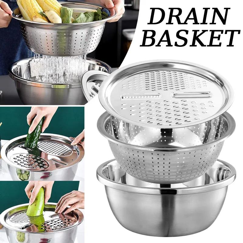 Корзина для слива кухонная нержавеющая сталь 1 шт 3 в 1 круглая корзина для слива дуршлаг овощерезка набор многофункциональный кухонный инструмент