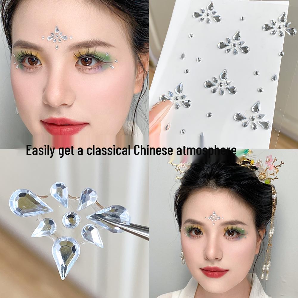 Древний стиль Красный головной убор с горным хрусталем на лоб и наклейки для украшения лица для макияжа в стиле Ханьфу