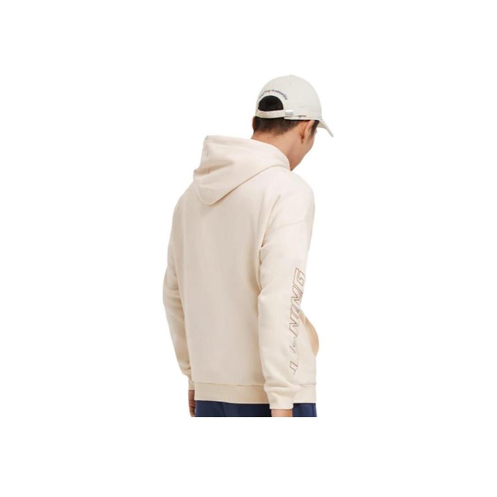 Li-Ning Sports Trend Series Embroidered Logo Hooded Pullover Sweatshirt Unisex Tops Beige AWDSB19-6