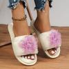 Модные розовые тапочки из пушистого меха с цветами для женщин, с открытым носком, на мягкой подошве, домашние шлепанцы, женские осенне-зимние нескользящие хлопковые тапочки