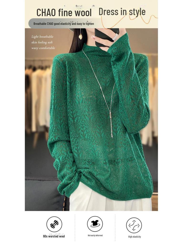 Весенний шерстяной свитер 2025 года: Пуловер с полувысоким воротом, длинными рукавами и цветочным узором