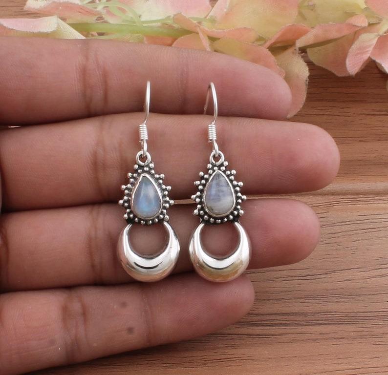 Solid 925 Sterling Silver Moonstone Gemstone Boho Designer Earring Drop Dangle Earring Gift For Bridal