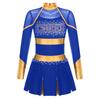 Kids Girls Cheerleading Dance Dress Letter Pattern Shiny Metallic Long Sleeve Pleated Dress