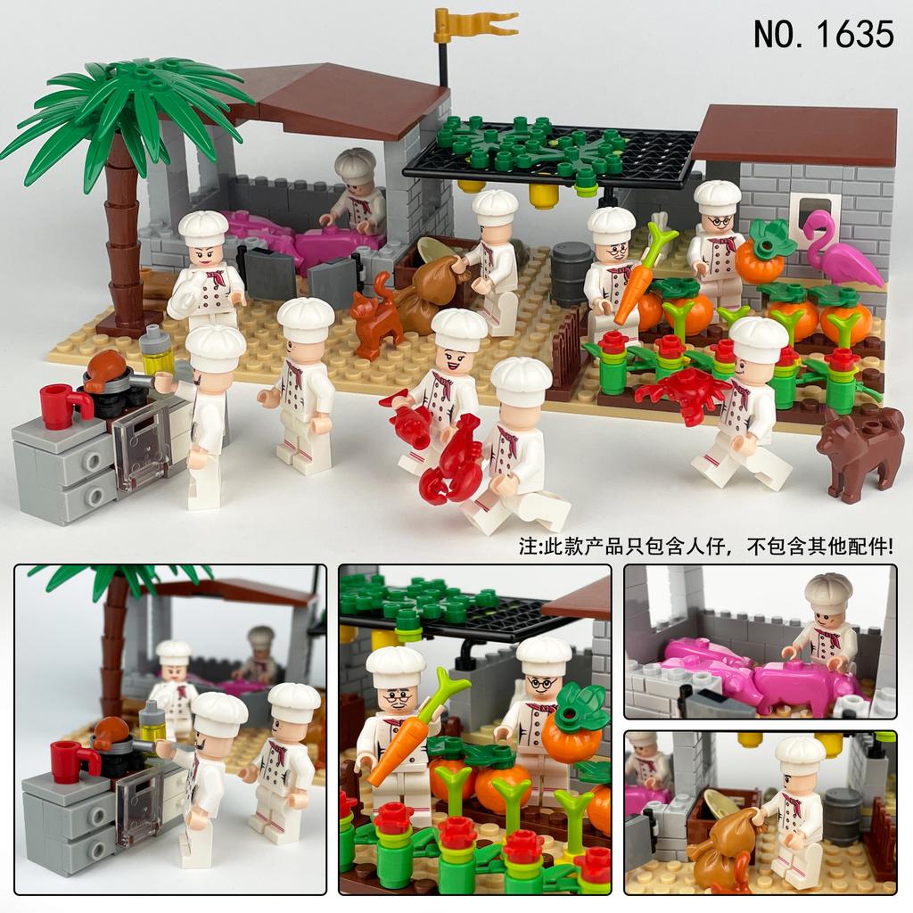 M1635 Chef Building Block Figurine Restaurant Kitchen Cooking Scene Simulation Food Play House Toys