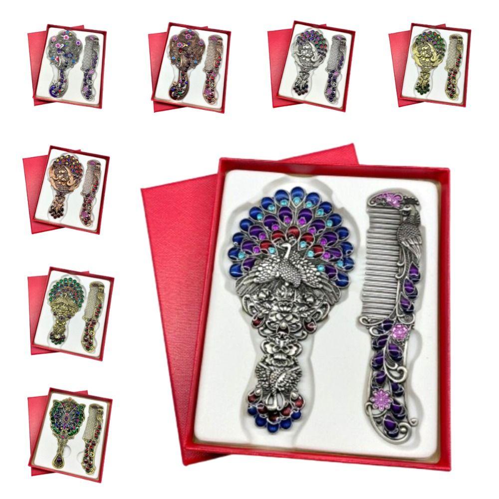 Portable Peacock Makeup Mirror Comb Set Vintage Hand-held Cosmetic Mirror Metal Handle with Comb Vanity Mirror Middle East