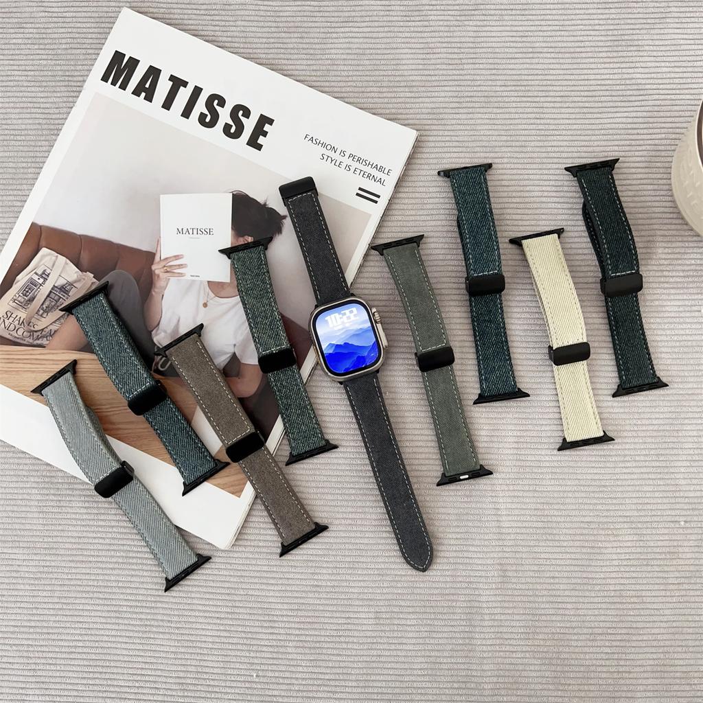 Watch Band For Apple Watch Series 10 Ultra 9 8 7 SE 6 5 4 3 2 1 46mm 49mm 45mm 44mm 42mm Magnetic Buckle Leather Nylon Wrist Strap