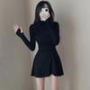 Women's Dress Design Sense Folding Waist Half High Neck Long Sleeve Base Dress Slimming Short Dress
