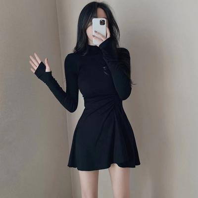 Женское платье Design Sense Folding Waist Half High Neck Long Sleeve Base Dress Slimming Short Dress