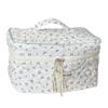 Cosmetic Bag Small Crushed Flower Printed Large Capacity with Durable Handle Cotton Quilted Cosmetic Bag