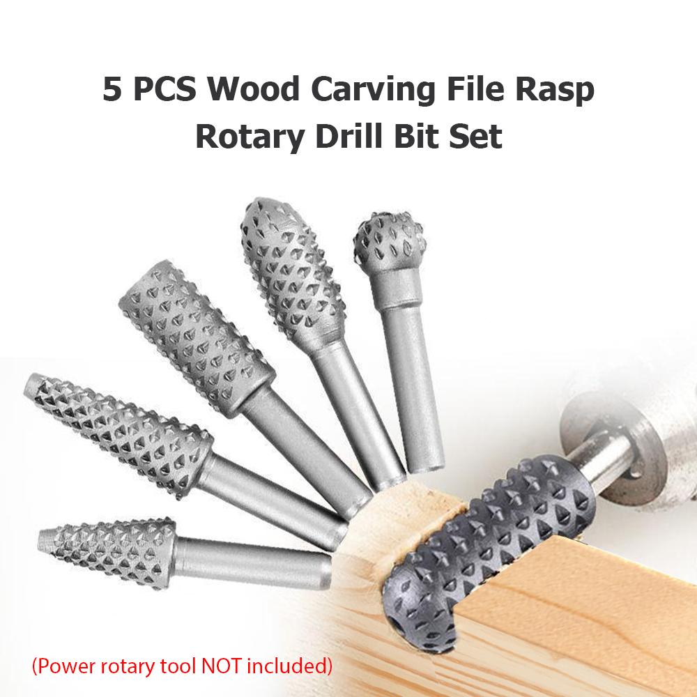 5PCS Wood Carving File Burr Rasp Set for Woodworking Tool Drill Bit with 6mm Round Shank for Wood Plastic Carving Deburring Polishing