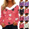 Women's Valentine's Day Heart Printed Long Sleeve Shirt V Neck Casual Loose T-Shirt Tops