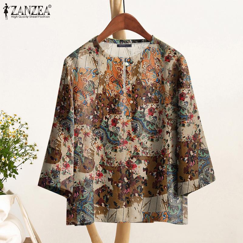ZANZEA Женская свободная повседневная блузка с этническим принтом и рукавом 3/4