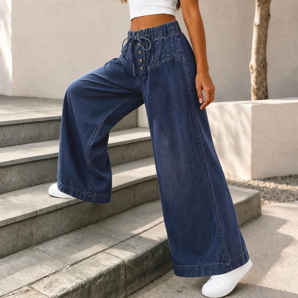 Women's Casual Ruched Ruffle Tie-Front Jeans for Everyday Wear and Weekend Outings