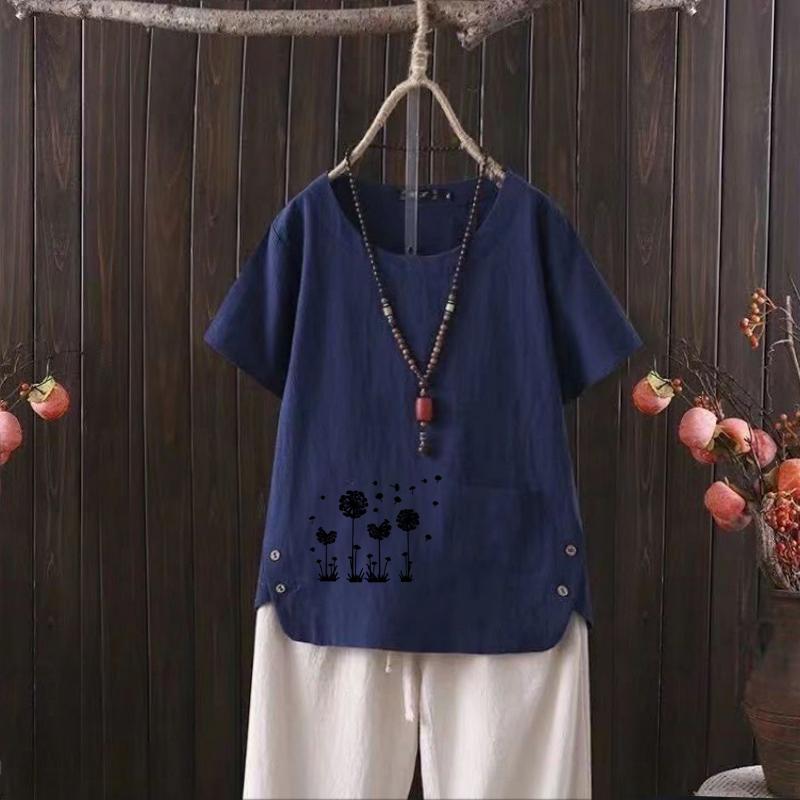 Футболка из хлопка и конопли с V-образным вырезом и принтом «Нордический одуванчик» для женщин — лето 2025 г., повседневная и удобная
