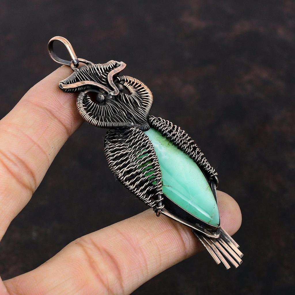 Кулон с хризопразом, медная проволока, кулон, драгоценный камень, кулон в виде совы, медная подвеска ручной работы, дизайнерский кулон, ювелирный подарок для него