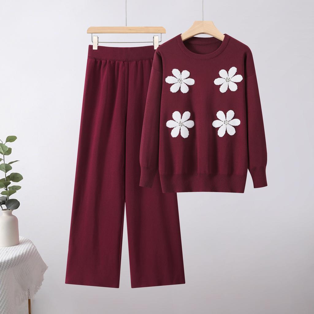 Fashion Casual Knitted Suit Pants Loose Sweater Wide Leg Pants Trousers Two-piece Daily Wear
