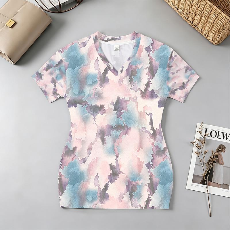Sweet Cool Short Sleeve Watercolor Print Bodycon Dress Form-Fitting,Breathable,Ideal for Beach Vacation,Daily Outings Afternoon Tea