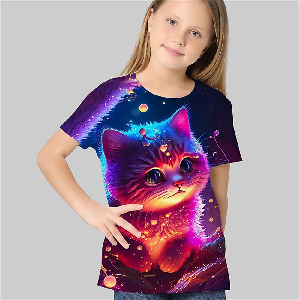 Летний топ с круглым вырезом и принтом в виде 3D-кота, модные и повседневные детские футболки с короткими рукавами для девочек