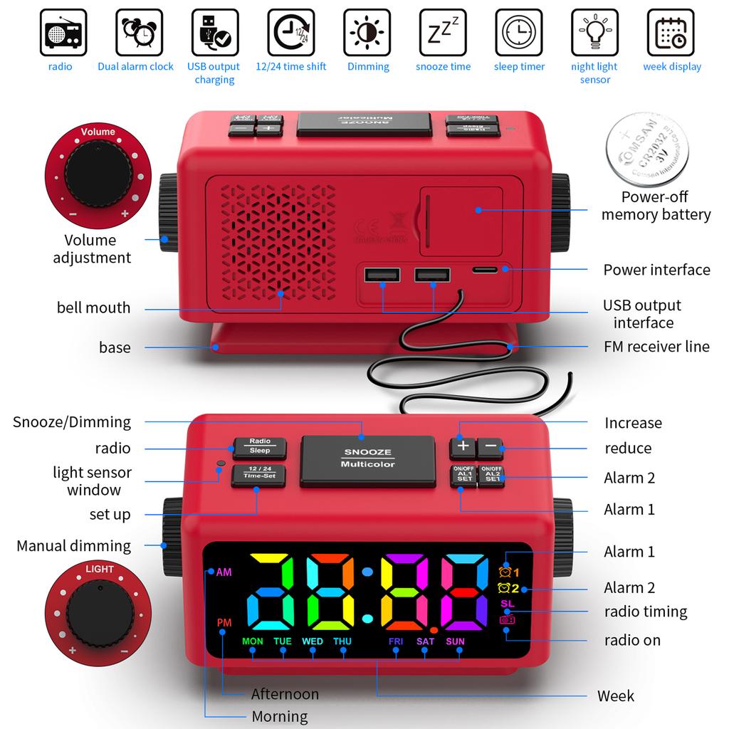 Colorful Digital Alarm Clock with 7 Colors and 4 Color Changing 5""  Dimmable Large LED Display