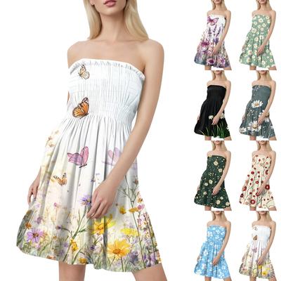 Женские летние платья Модные женские повседневные платья-бандо с цветочным принтом без рукавов