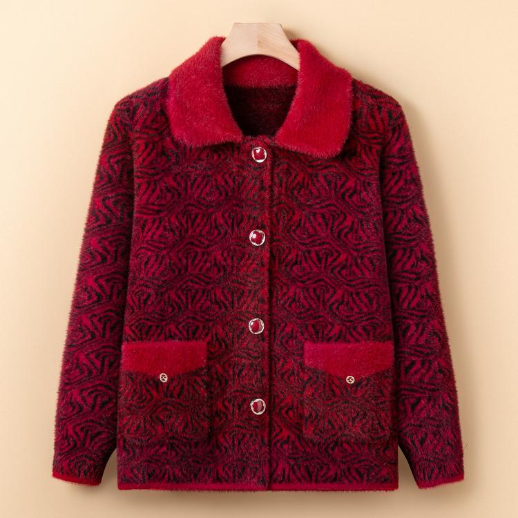 Кардиган-свитер бабушки с лацканами, весенне-осенний, для женщин среднего и пожилого возраста, вязаные куртки, одежда для пожилых с плюшем