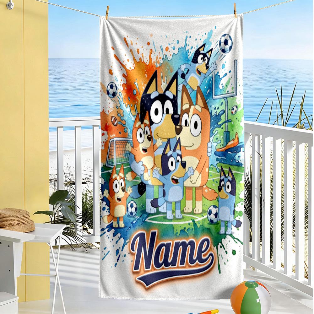 Soccer Fun Blue Customized Name Beach Towel Quick-Dry Soft Microfiber