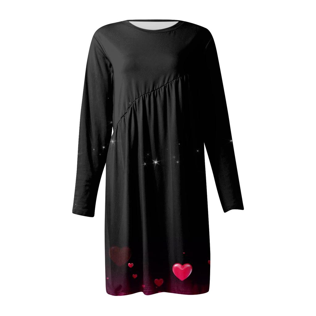 Женское повседневное модное платье-футболка с длинными рукавами и принтом на День святого Валентина, нерегулярное плиссированное платье с круглым вырезом
