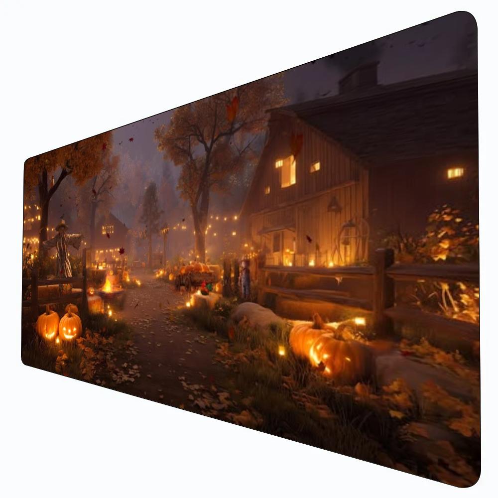 Spooky Halloween Farm Desk Pad Rubber Mousepad JackOLantern Pumpkin Scarecrow Autumn Barn Night Landscape Large Desk Mat