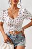 Women’s White Ruched Cherry Print Blouse Trendy Crop Summer Fashion