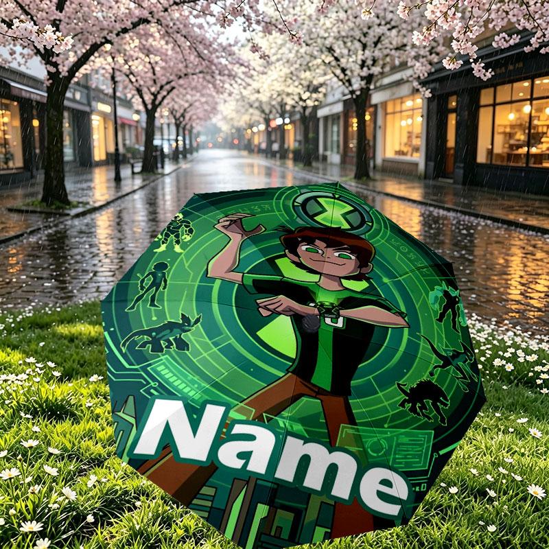 Custom Name Personalized Ben 10 Cartoon Print Umbrella, Auto Open Close, 8‑Rib Sturdy Frame, Commute Camping Hiking Use, Birthday Gift