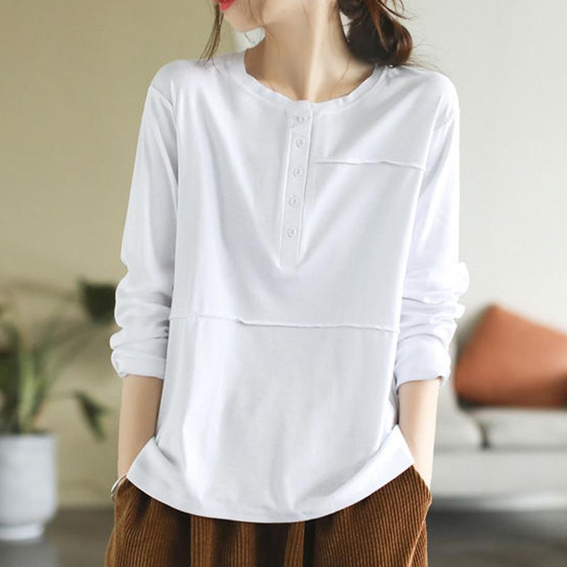 Женская мода винтажные однотонные пуговицы с длинным рукавом простые футболки весна осень простые повседневные свободные пуловеры с круглым вырезом