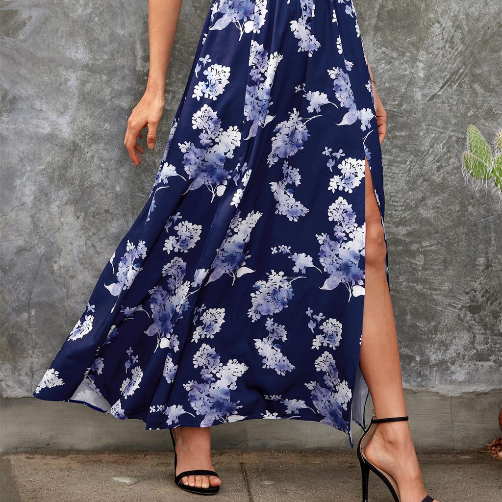 DAFIFY Women's Fashion Summer Spring Flower Pattern Print Sleeveless High Waist Casual Dresses