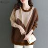 Womens Casual Crew Neck Long Sleeve Patchwork Knitted Sweater