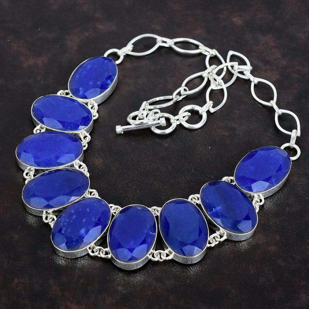 Ожерелье из граненого синего сапфира, ожерелье из настоящего драгоценного камня, ювелирное изделие ручной работы, ожерелье из стерлингового серебра 925 пробы, регулируемая цепочка, свадебные подарки
