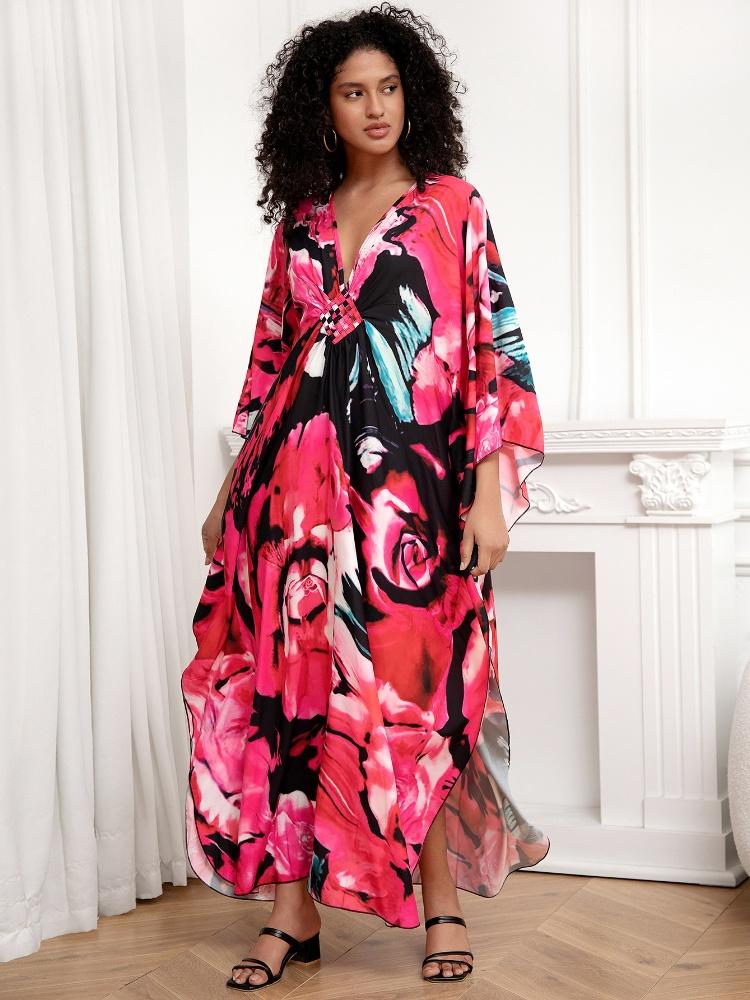 EDOLYNSA Женский халат с красным цветком, свободный кафтан, кафтан, домашнее платье, одежда для отдыха, пляжное платье в стиле бохо, платье Moo Moo с запахом Q1289