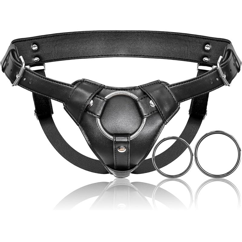 Adjustable Strap On Dildo Harness Adult Sex Toys for Women Men Leather Belt with 2 Size Metal O-Rings for Lesbian Gay Anal Toys