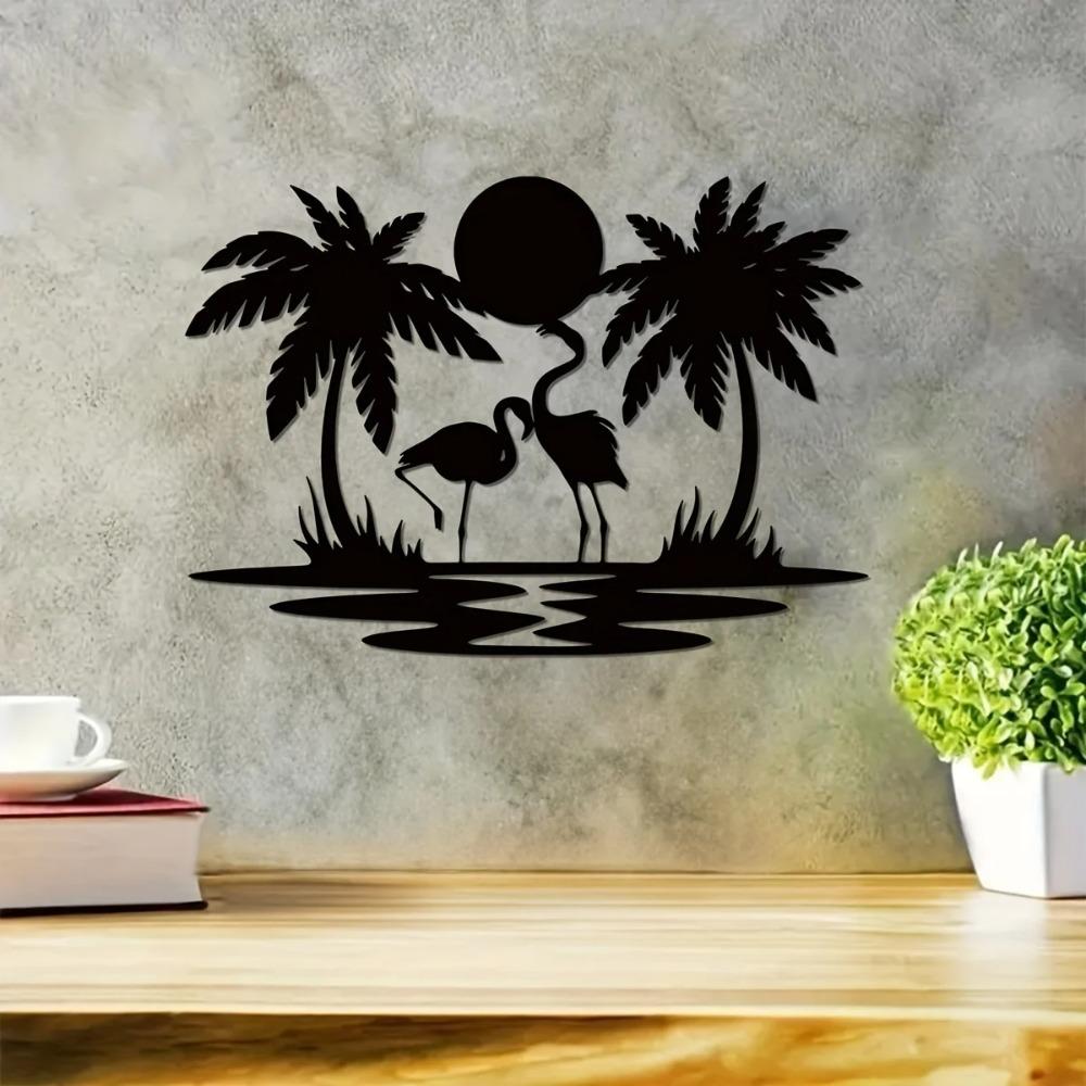 Metal Flamingo Palm Tree Sunset Sign - Vibrant Wall Décor, Ideal for House, Bedroom, Living Room, and Perfect Housewarming Gifts