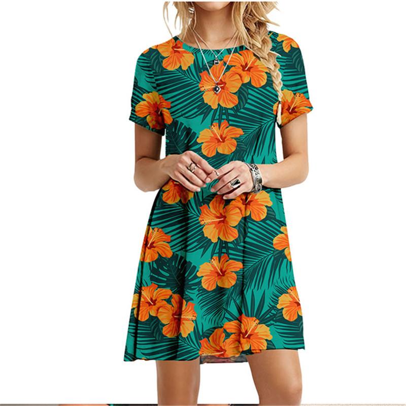 3D Green Leaves Floral Printed Dress For Women Summer Loose Casual Short Sleeve O-Neck Dress