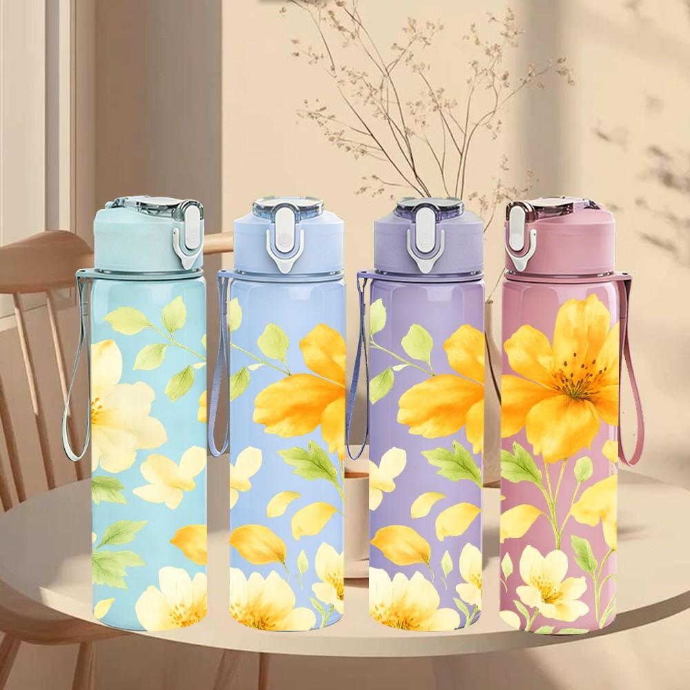 1PC Bright Yellow Daisy Floral Pattern Print 750ml Color Plastic Sports Water Bottle Leakproof Flip Straw Lid Suitable for Sports Office Home Use